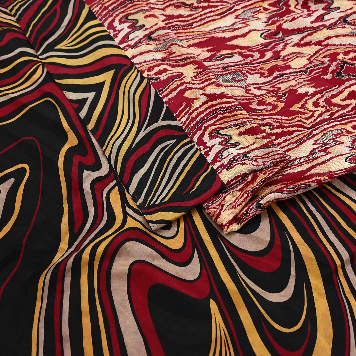 Indian Vintage Sari Black & Red Pure Silk Printed Sarees 5yd Sewing Craft Fabric Dress Making Soft Quilting Crafting Upcycle Used Abstract