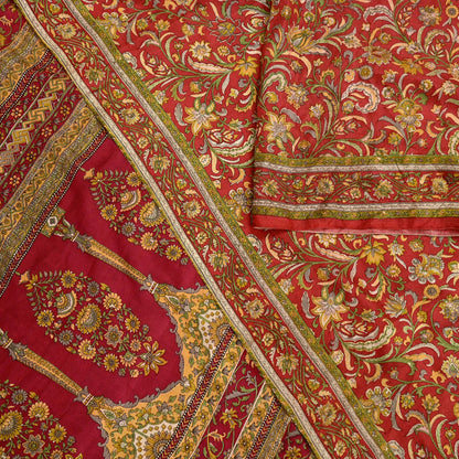 Indian Vintage Sari Red Pure Silk Printed Saree Fabric 6yd Sewing Craft Fabric DressMaking Soft Wrap For Crafting Quilting Floral Upcycle