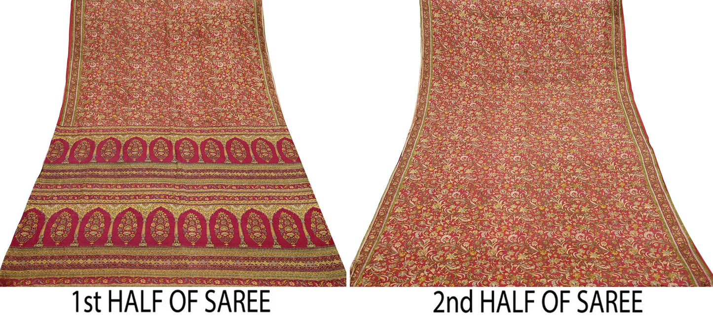 Indian Vintage Sari Red Pure Silk Printed Saree Fabric 6yd Sewing Craft Fabric DressMaking Soft Wrap For Crafting Quilting Floral Upcycle