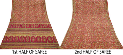 Indian Vintage Sari Red Pure Silk Printed Saree Fabric 6yd Sewing Craft Fabric DressMaking Soft Wrap For Crafting Quilting Floral Upcycle