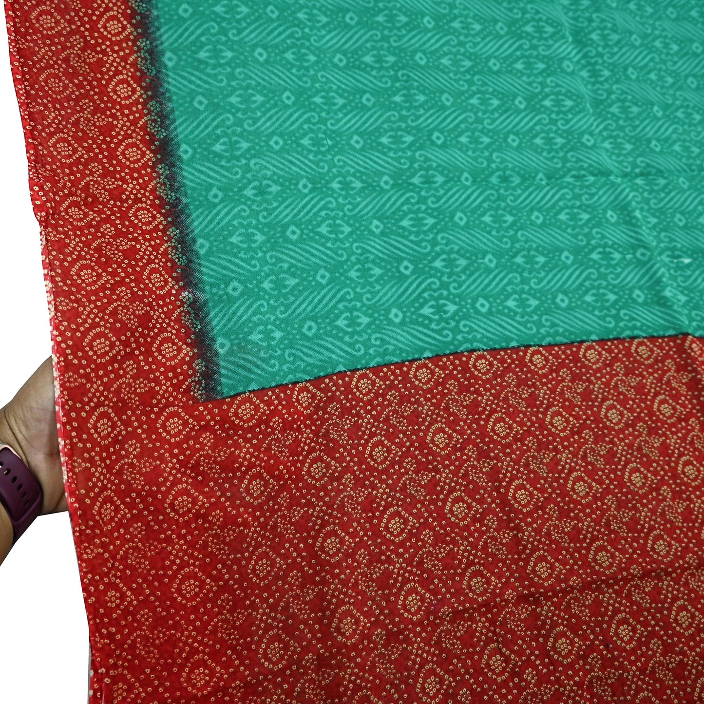 Indian Vintage Sari Green & Red Printed Pure Cotton Saree Craft Fabric 5Yd Sewing Sarong Wrap Boho Floral Crafting Upcycle Quilting Used