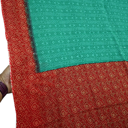 Indian Vintage Sari Green & Red Printed Pure Cotton Saree Craft Fabric 5Yd Sewing Sarong Wrap Boho Floral Crafting Upcycle Quilting Used