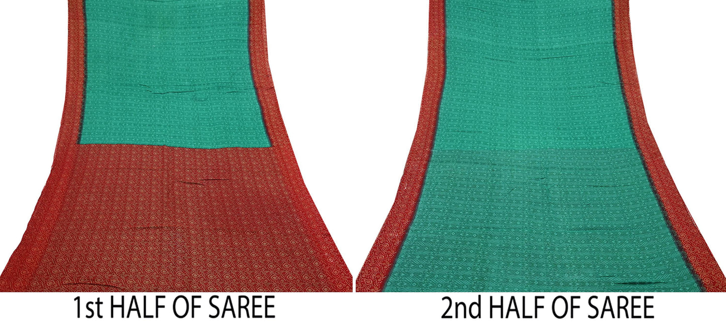 Indian Vintage Sari Green & Red Printed Pure Cotton Saree Craft Fabric 5Yd Sewing Sarong Wrap Boho Floral Crafting Upcycle Quilting Used