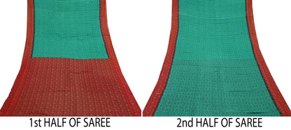 Indian Vintage Sari Green & Red Printed Pure Cotton Saree Craft Fabric 5Yd Sewing Sarong Wrap Boho Floral Crafting Upcycle Quilting Used