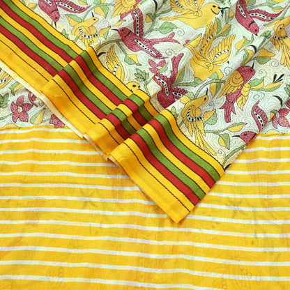 Indian Vintage Sari White & Yellow Printed 100% Pure Cotton Saree Craft Fabric 5Yd Soft Sewing Sarong Wrap Boho