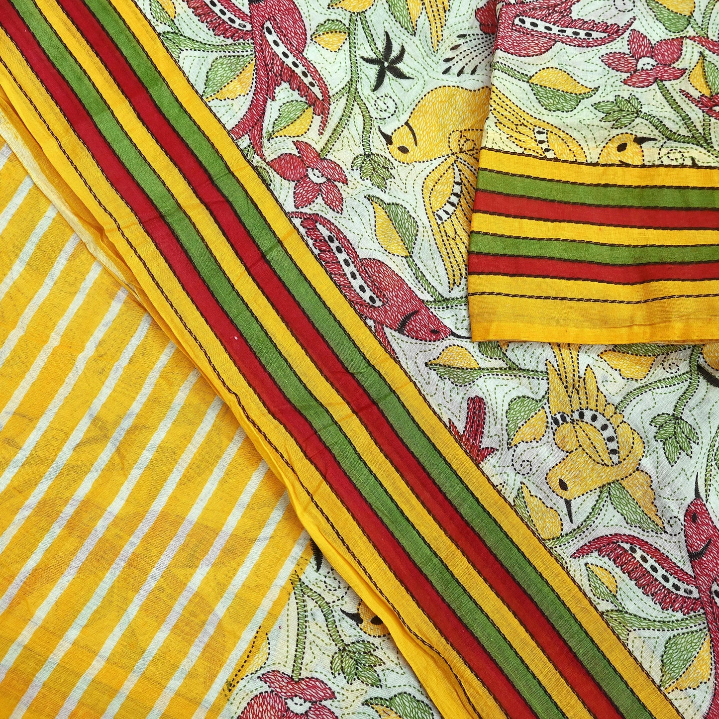 Indian Vintage Sari White & Yellow Printed 100% Pure Cotton Saree Craft Fabric 5Yd Soft Sewing Sarong Wrap Boho