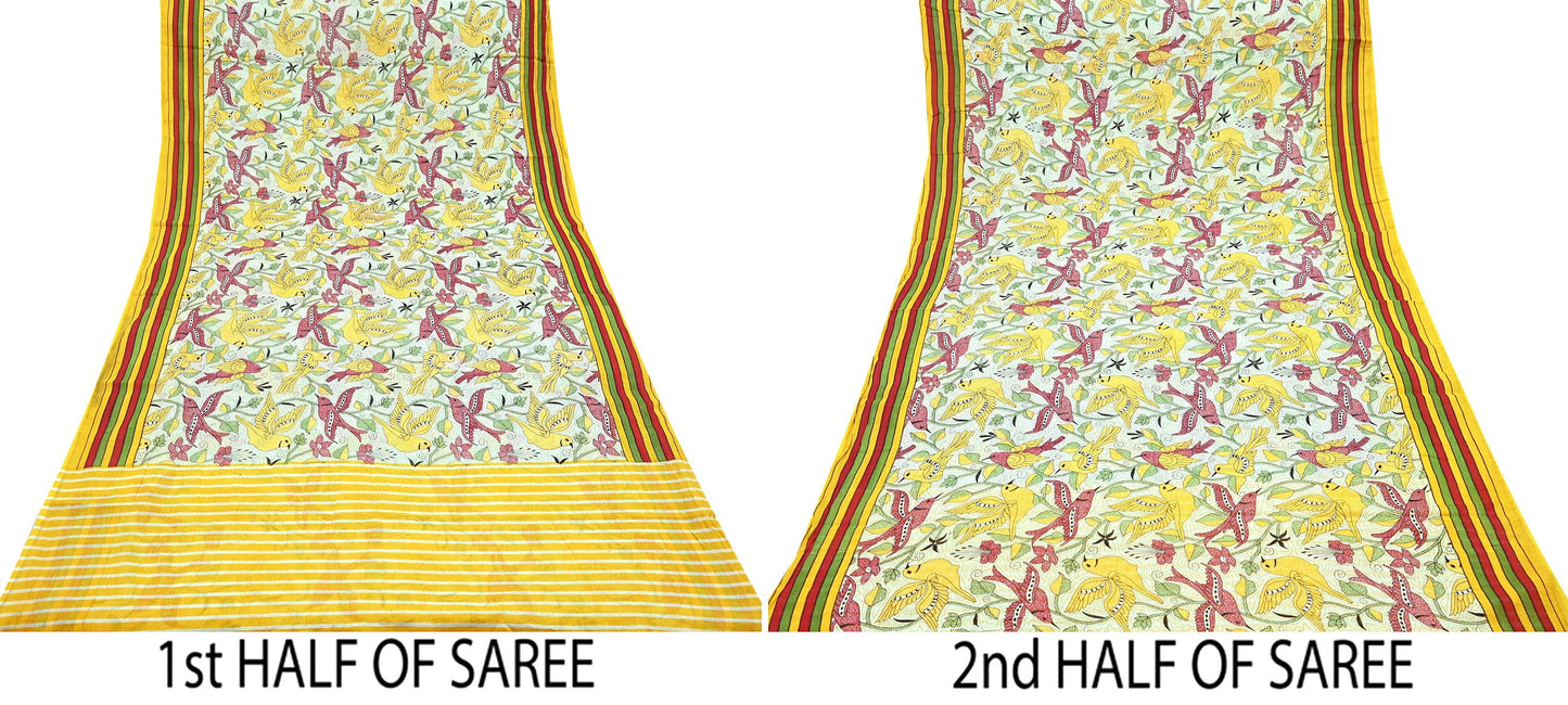 Indian Vintage Sari White & Yellow Printed 100% Pure Cotton Saree Craft Fabric 5Yd Soft Sewing Sarong Wrap Boho