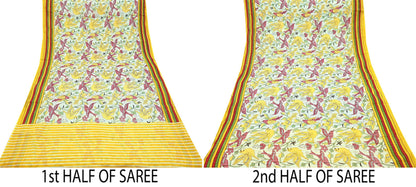 Indian Vintage Sari White & Yellow Printed 100% Pure Cotton Saree Craft Fabric 5Yd Soft Sewing Sarong Wrap Boho