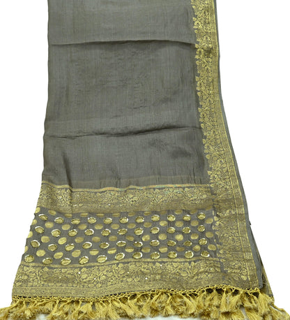 Indian Vintage Gray Dupatta Long Stole Pure Tussar Silk Hand Woven Scarves Veil Scarf Wrap Floral
