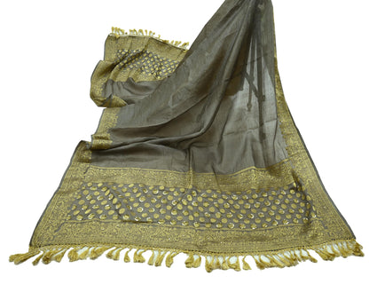 Indian Vintage Gray Dupatta Long Stole Pure Tussar Silk Hand Woven Scarves Veil Scarf Wrap Floral