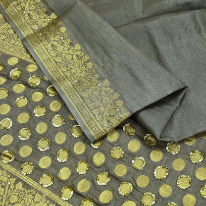 Indian Vintage Gray Dupatta Long Stole Pure Tussar Silk Hand Woven Scarves Veil Scarf Wrap Floral