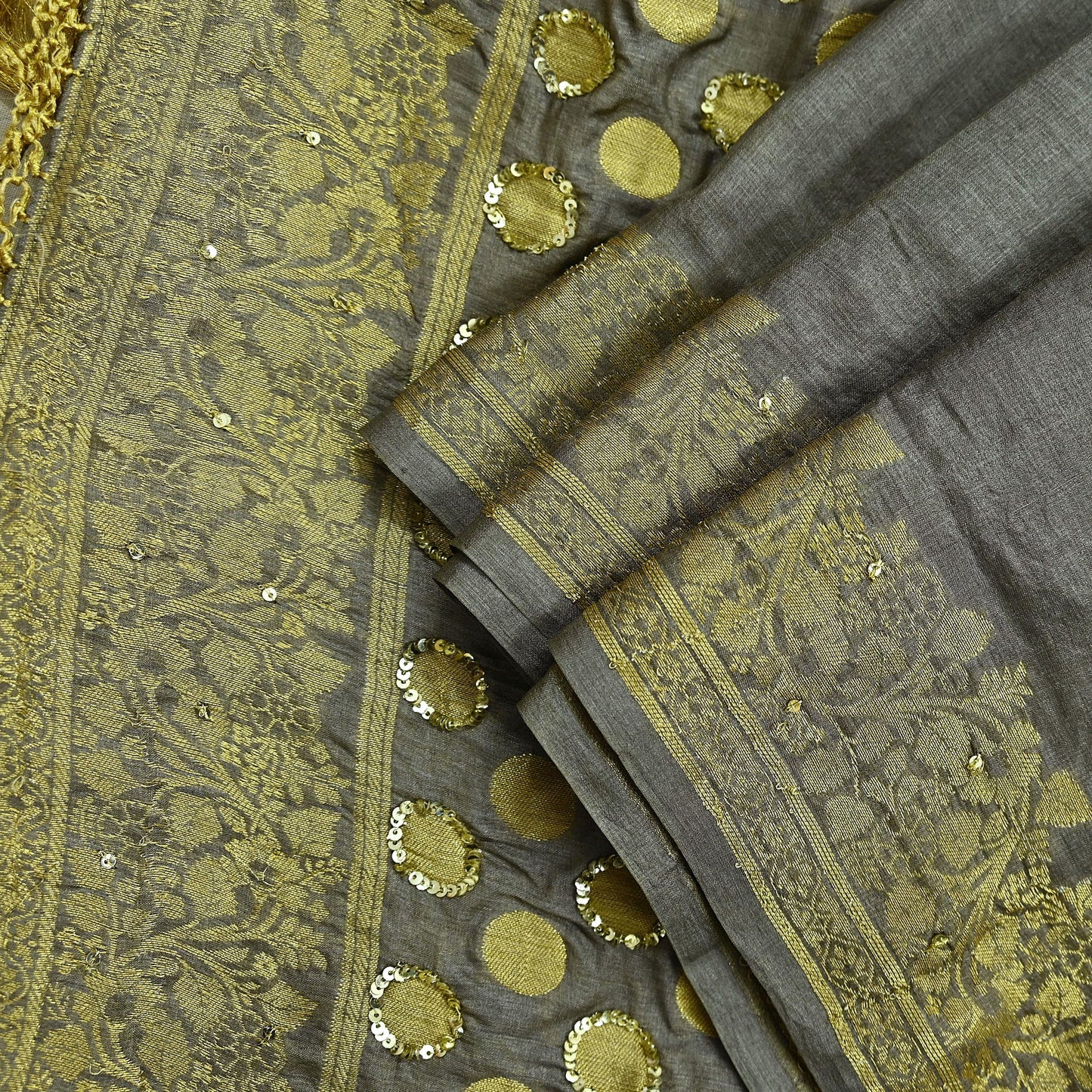 Indian Vintage Gray Dupatta Long Stole Pure Tussar Silk Hand Woven Scarves Veil Scarf Wrap Floral