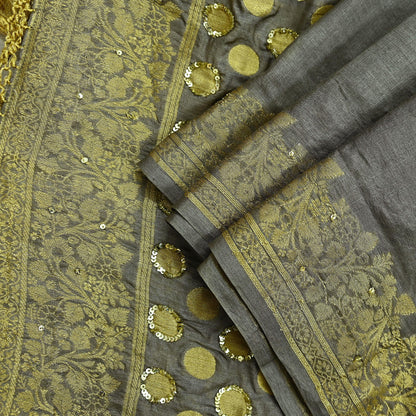 Indian Vintage Gray Dupatta Long Stole Pure Tussar Silk Hand Woven Scarves Veil Scarf Wrap Floral