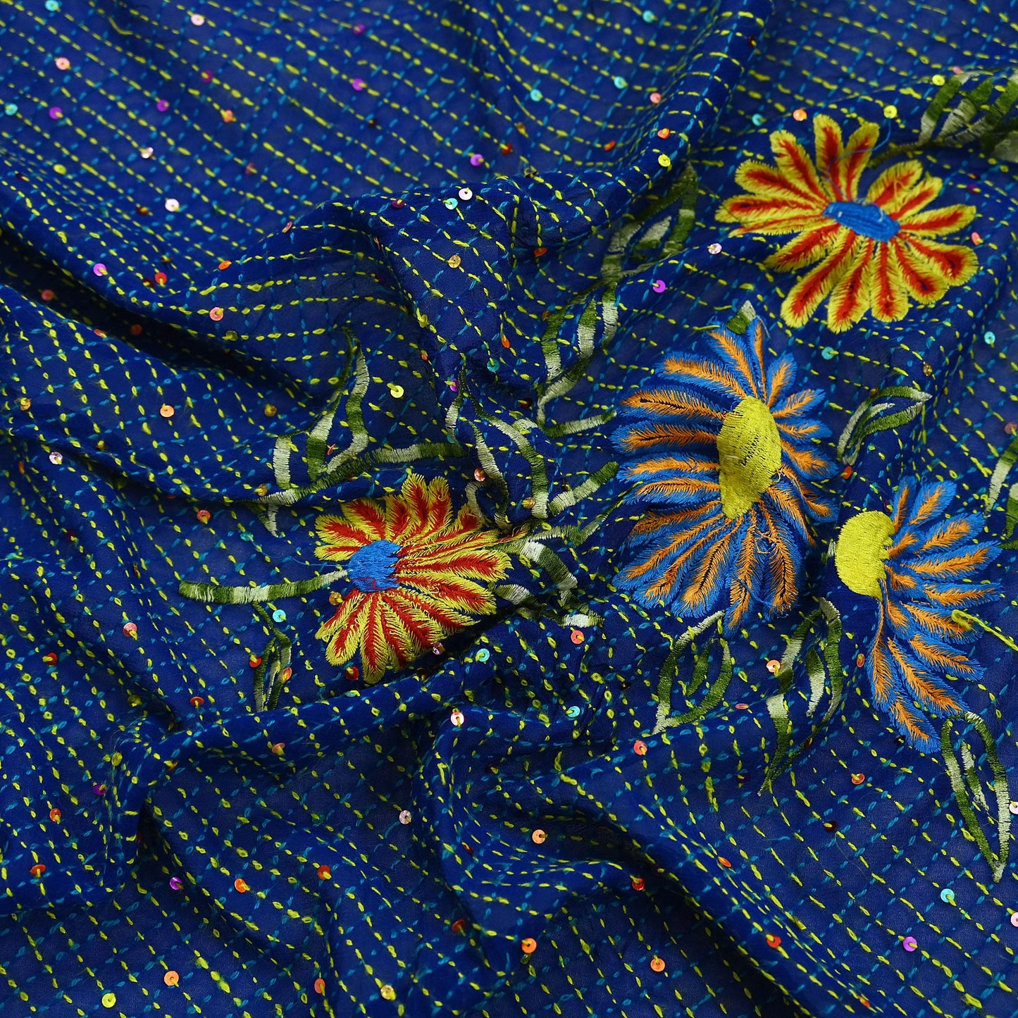 Indian Vintage Dupatta Blue Long Stole Hand Embroidered kantha stole Pure Georgette Silk Scarves Veil Wrap Soft Floral Sequins