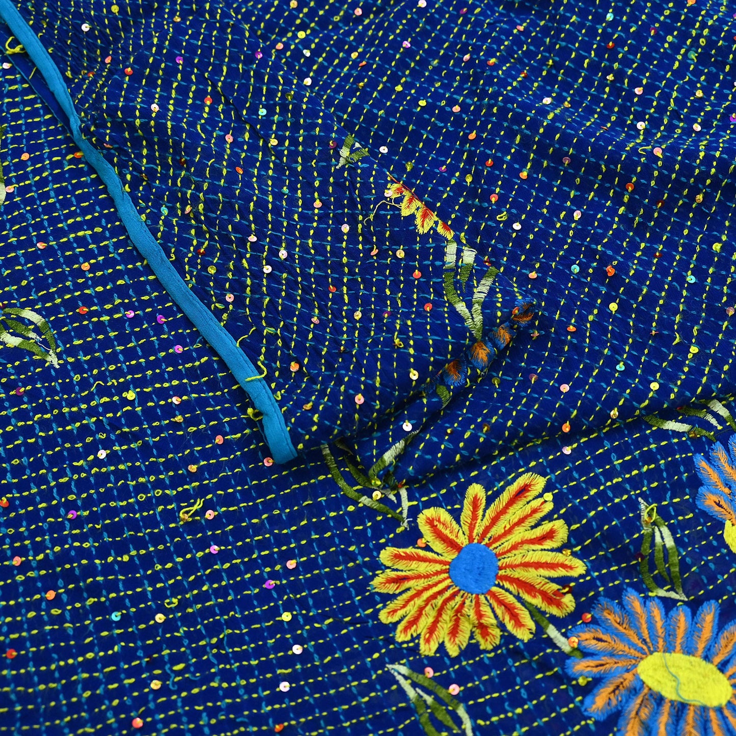 Indian Vintage Dupatta Blue Long Stole Hand Embroidered kantha stole Pure Georgette Silk Scarves Veil Wrap Soft Floral Sequins