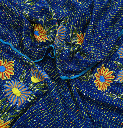Indian Vintage Dupatta Blue Long Stole Hand Embroidered kantha stole Pure Georgette Silk Scarves Veil Wrap Soft Floral Sequins