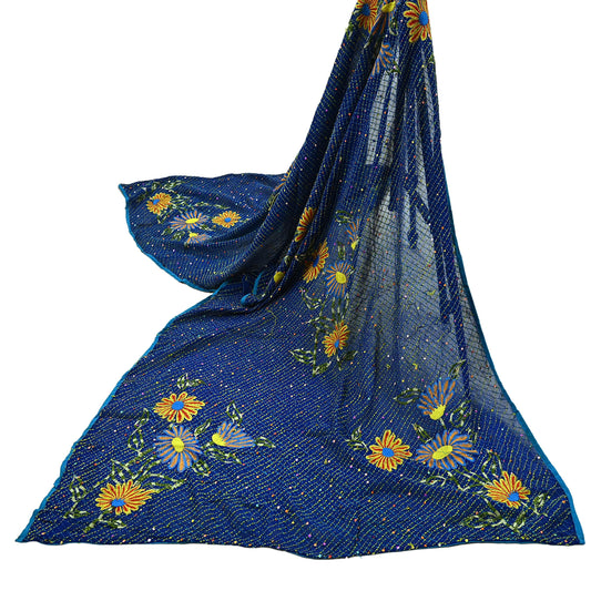 Indian Vintage Dupatta Blue Long Stole Hand Embroidered kantha stole Pure Georgette Silk Scarves Veil Wrap Soft Floral Sequins