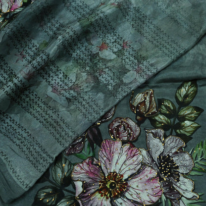 Women Indian Vintage Dupatta Gray Long Stole Pure silk Digital Printed Dupatta Veil Scarves soft Boho Wrap Dressmaking Floral Design
