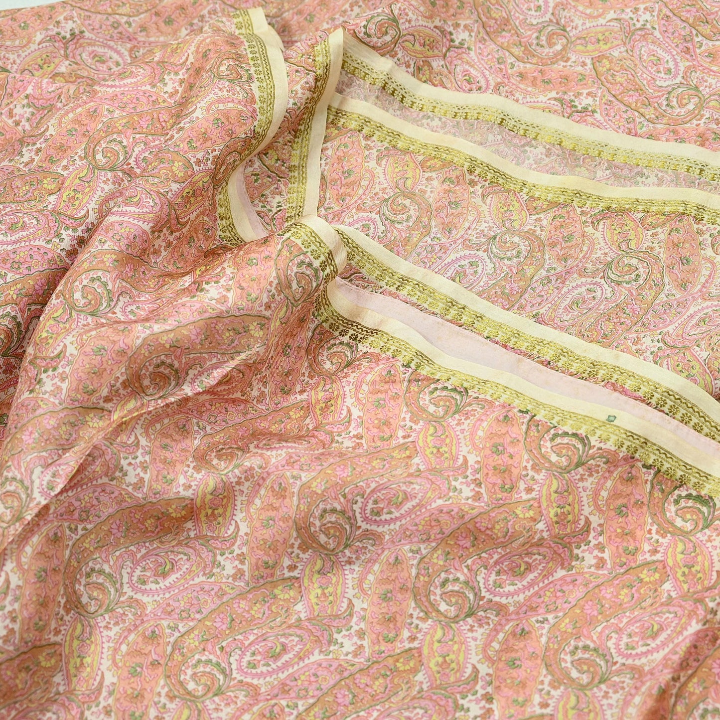 Indian Vintage Sari Peach & Ivory 100% Pure Silk Printed Sarees 5yd Sewing Craft Fabric Dress Making Floral Upcycle Quilting Crafting Used