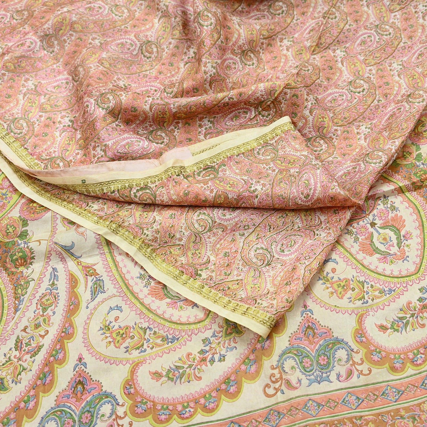 Indian Vintage Sari Peach & Ivory 100% Pure Silk Printed Sarees 5yd Sewing Craft Fabric Dress Making Floral Upcycle Quilting Crafting Used