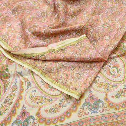 Indian Vintage Sari Peach & Ivory 100% Pure Silk Printed Sarees 5yd Sewing Craft Fabric Dress Making Floral Upcycle Quilting Crafting Used