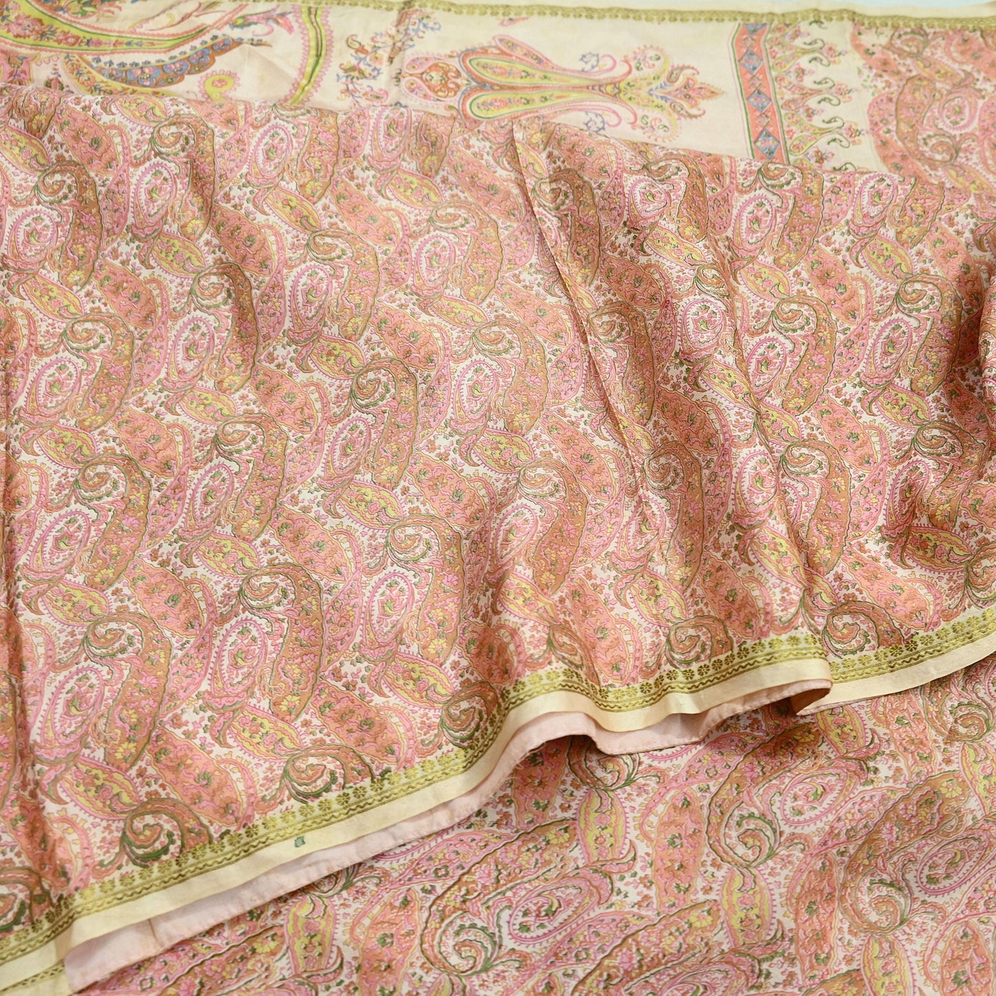 Indian Vintage Sari Peach & Ivory 100% Pure Silk Printed Sarees 5yd Sewing Craft Fabric Dress Making Floral Upcycle Quilting Crafting Used