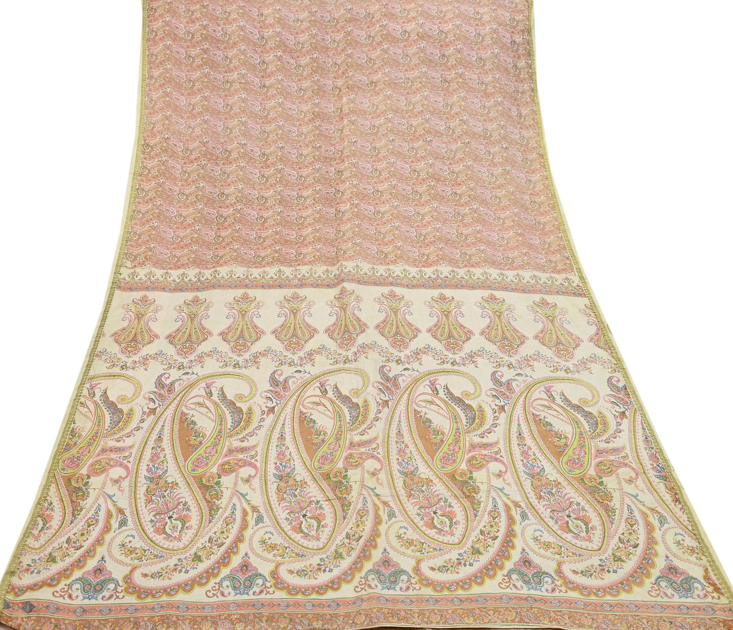Indian Vintage Sari Peach & Ivory 100% Pure Silk Printed Sarees 5yd Sewing Craft Fabric Dress Making Floral Upcycle Quilting Crafting Used