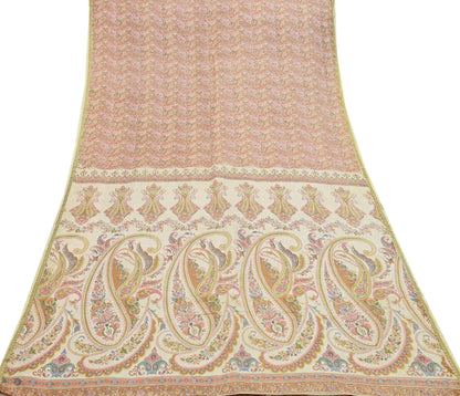 Indian Vintage Sari Peach & Ivory 100% Pure Silk Printed Sarees 5yd Sewing Craft Fabric Dress Making Floral Upcycle Quilting Crafting Used