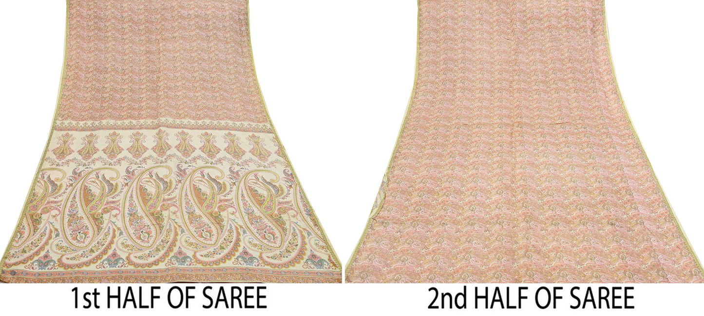 Indian Vintage Sari Peach & Ivory 100% Pure Silk Printed Sarees 5yd Sewing Craft Fabric Dress Making Floral Upcycle Quilting Crafting Used