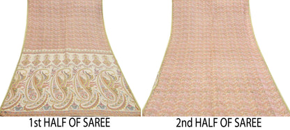 Indian Vintage Sari Peach & Ivory 100% Pure Silk Printed Sarees 5yd Sewing Craft Fabric Dress Making Floral Upcycle Quilting Crafting Used