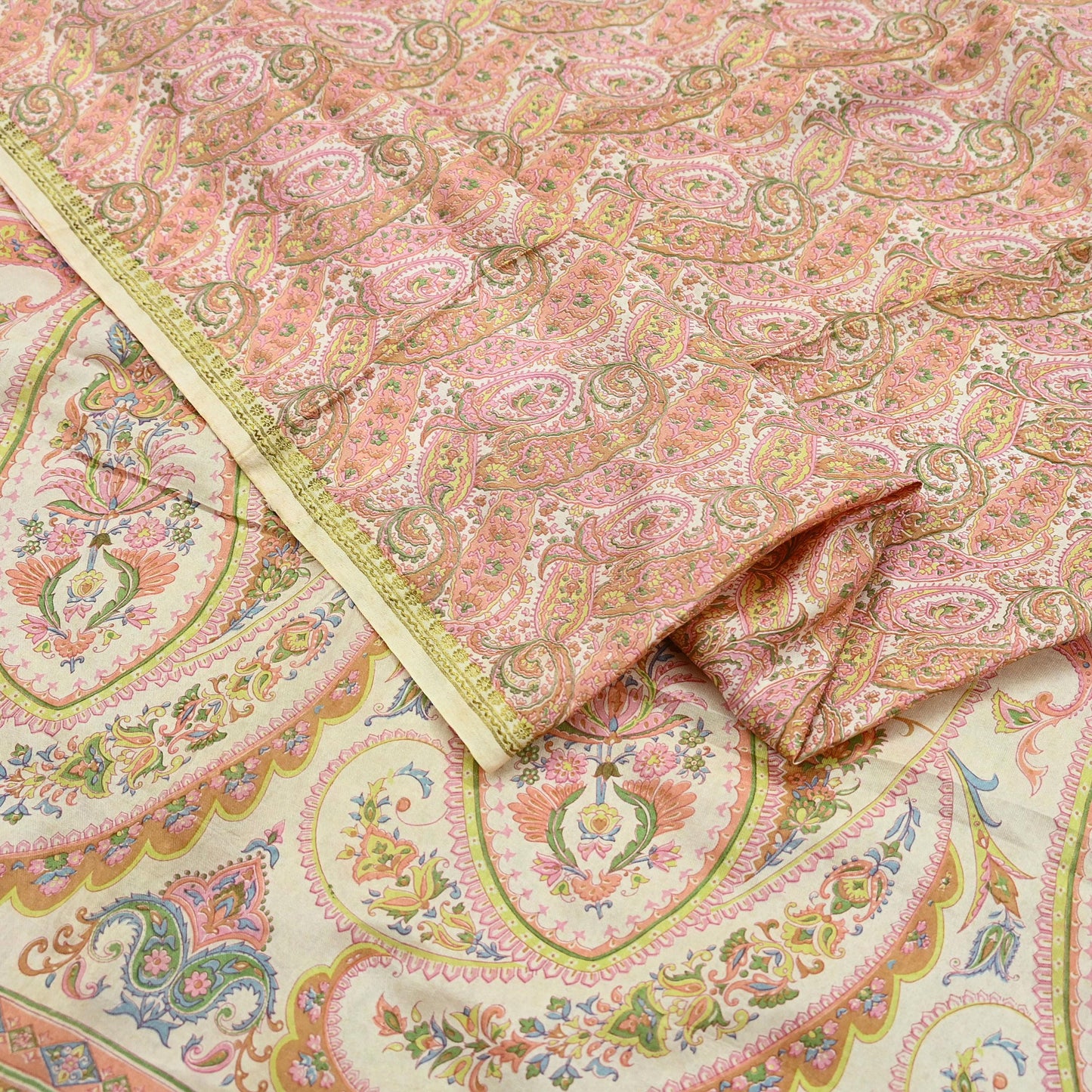 Indian Vintage Sari Peach & Ivory 100% Pure Silk Printed Sarees 5yd Sewing Craft Fabric Dress Making Floral Upcycle Quilting Crafting Used