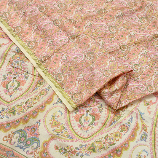 Indian Vintage Sari Peach & Ivory 100% Pure Silk Printed Sarees 5yd Sewing Craft Fabric Dress Making Floral Upcycle Quilting Crafting Used