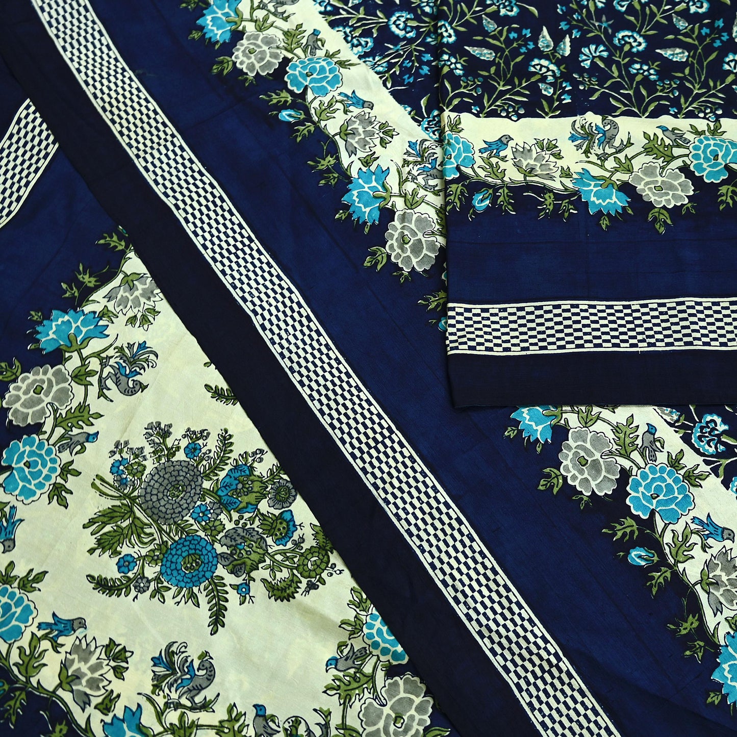 Indian Vintage Sari Blue Pure Silk Printed Sarees 5yd Sewing Craft Fabric Soft Dress Making Wrap Paisley Upcycle Quilting Crafting