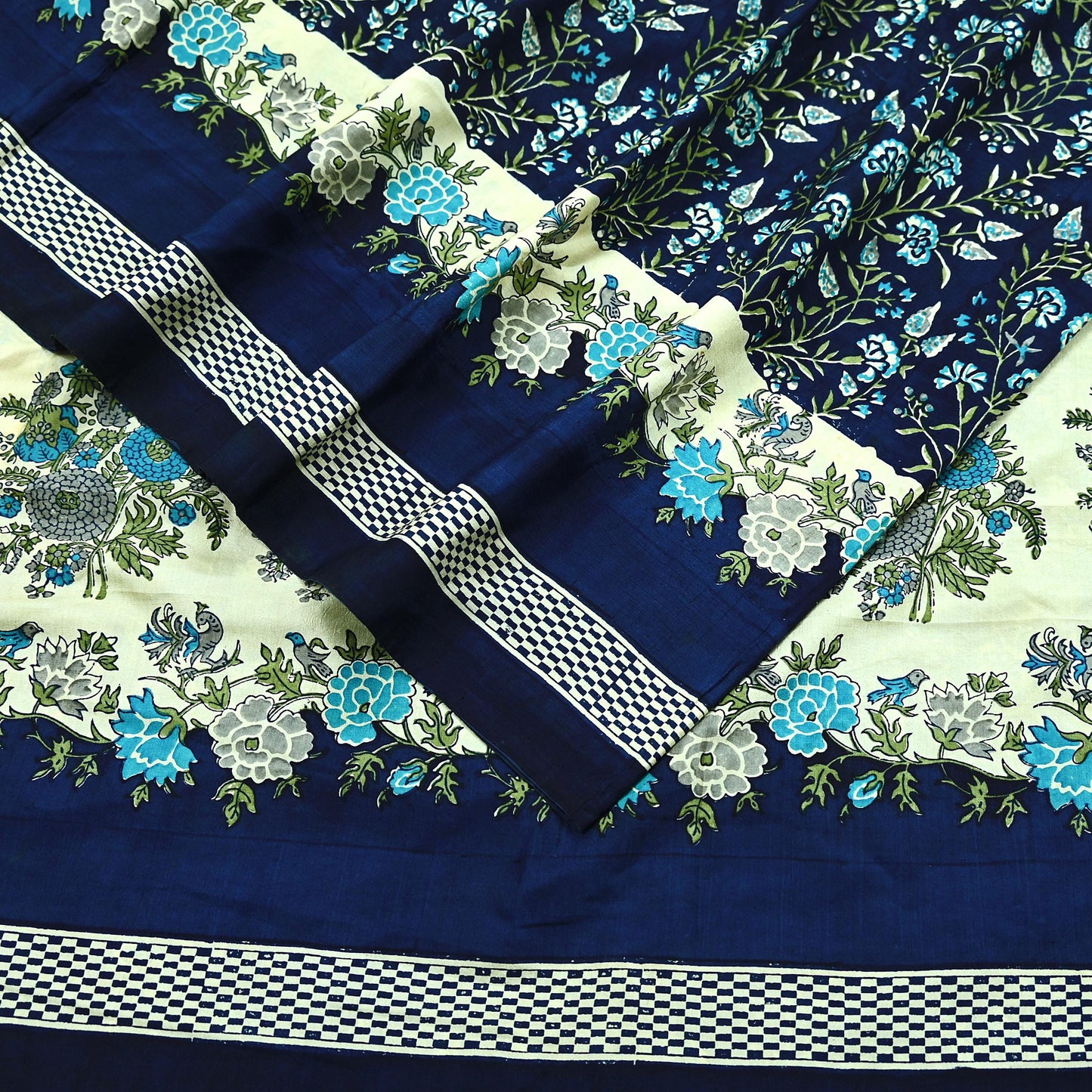 Indian Vintage Sari Blue Pure Silk Printed Sarees 5yd Sewing Craft Fabric Soft Dress Making Wrap Paisley Upcycle Quilting Crafting