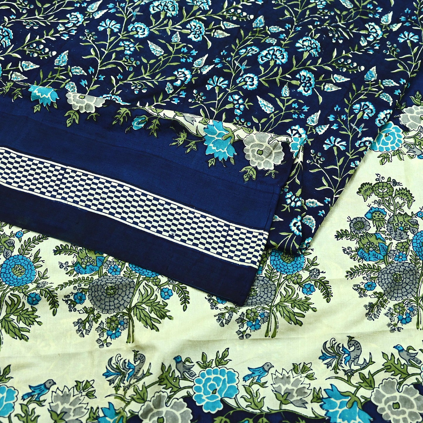 Indian Vintage Sari Blue Pure Silk Printed Sarees 5yd Sewing Craft Fabric Soft Dress Making Wrap Paisley Upcycle Quilting Crafting