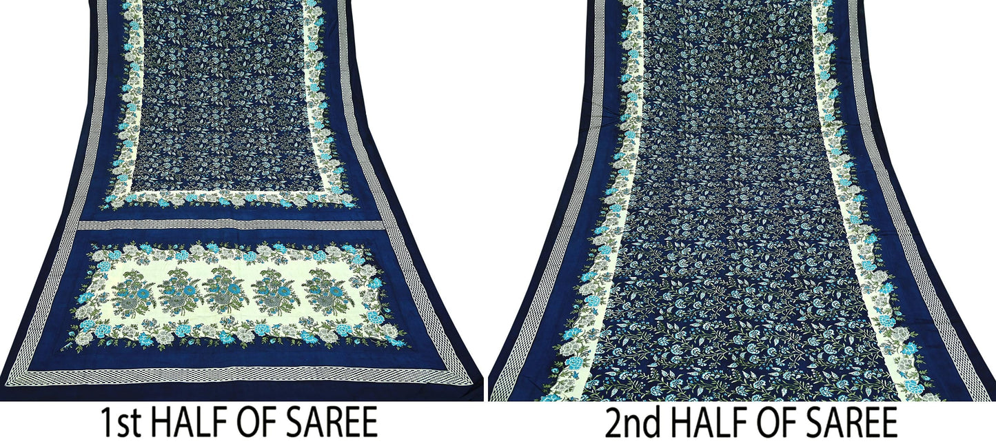 Indian Vintage Sari Blue Pure Silk Printed Sarees 5yd Sewing Craft Fabric Soft Dress Making Wrap Paisley Upcycle Quilting Crafting