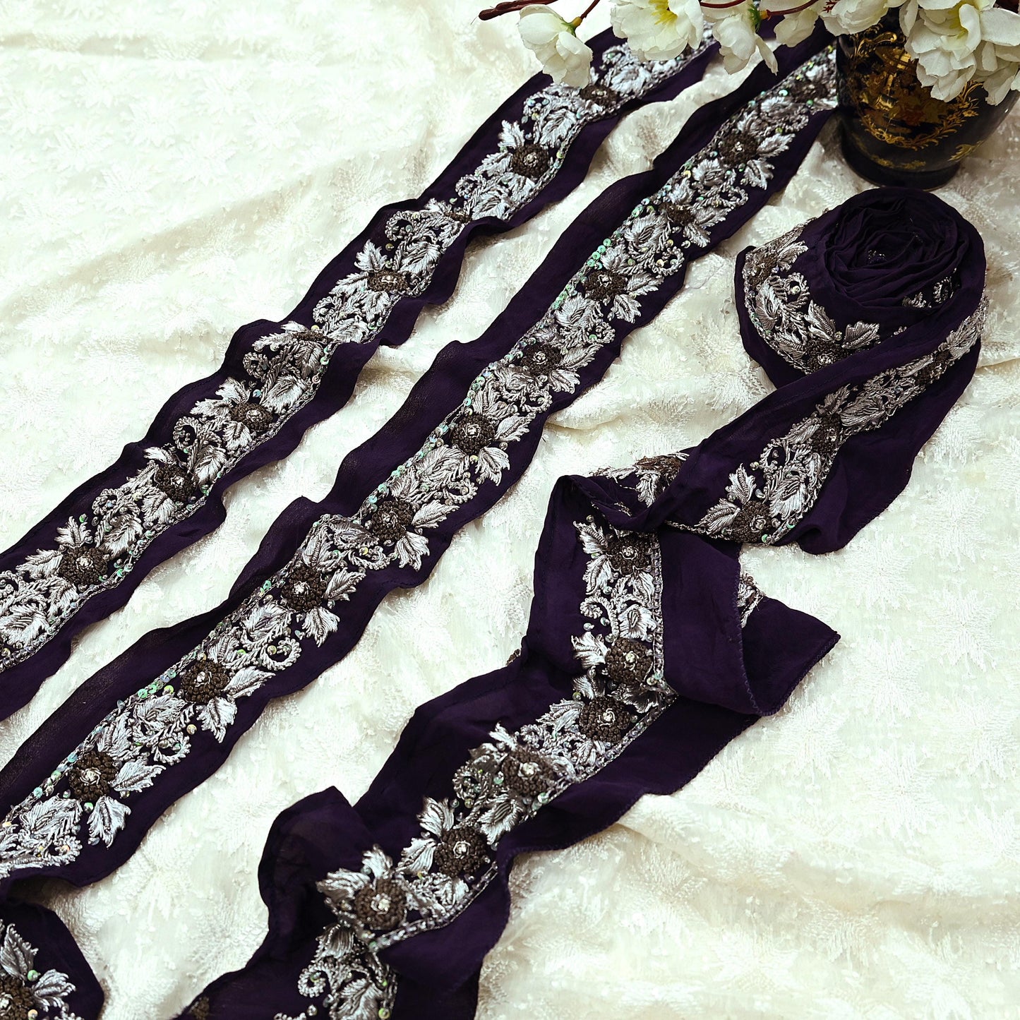 Indian Vintage Purple Sari Border Hand Embroidered 1ydCraft Trim Lace Sewing Sari Ribbon Pure Crepe silk  Zardozi/Dabka Zari
