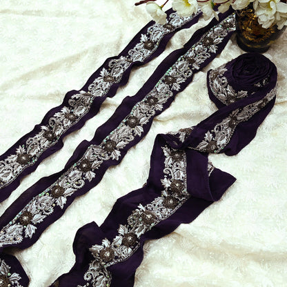 Indian Vintage Purple Sari Border Hand Embroidered 1ydCraft Trim Lace Sewing Sari Ribbon Pure Crepe silk  Zardozi/Dabka Zari