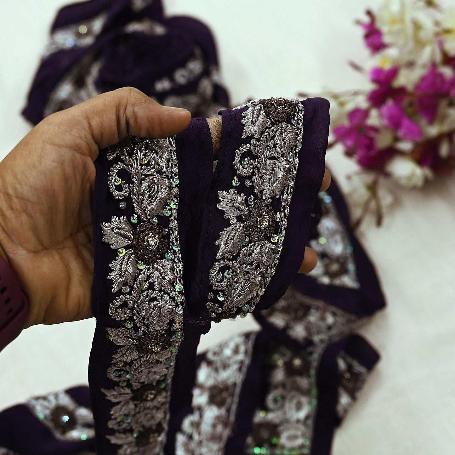 Indian Vintage Purple Sari Border Hand Embroidered 1ydCraft Trim Lace Sewing Sari Ribbon Pure Crepe silk  Zardozi/Dabka Zari