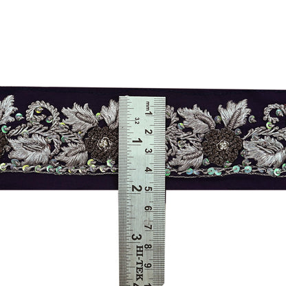 Indian Vintage Purple Sari Border Hand Embroidered 1ydCraft Trim Lace Sewing Sari Ribbon Pure Crepe silk  Zardozi/Dabka Zari