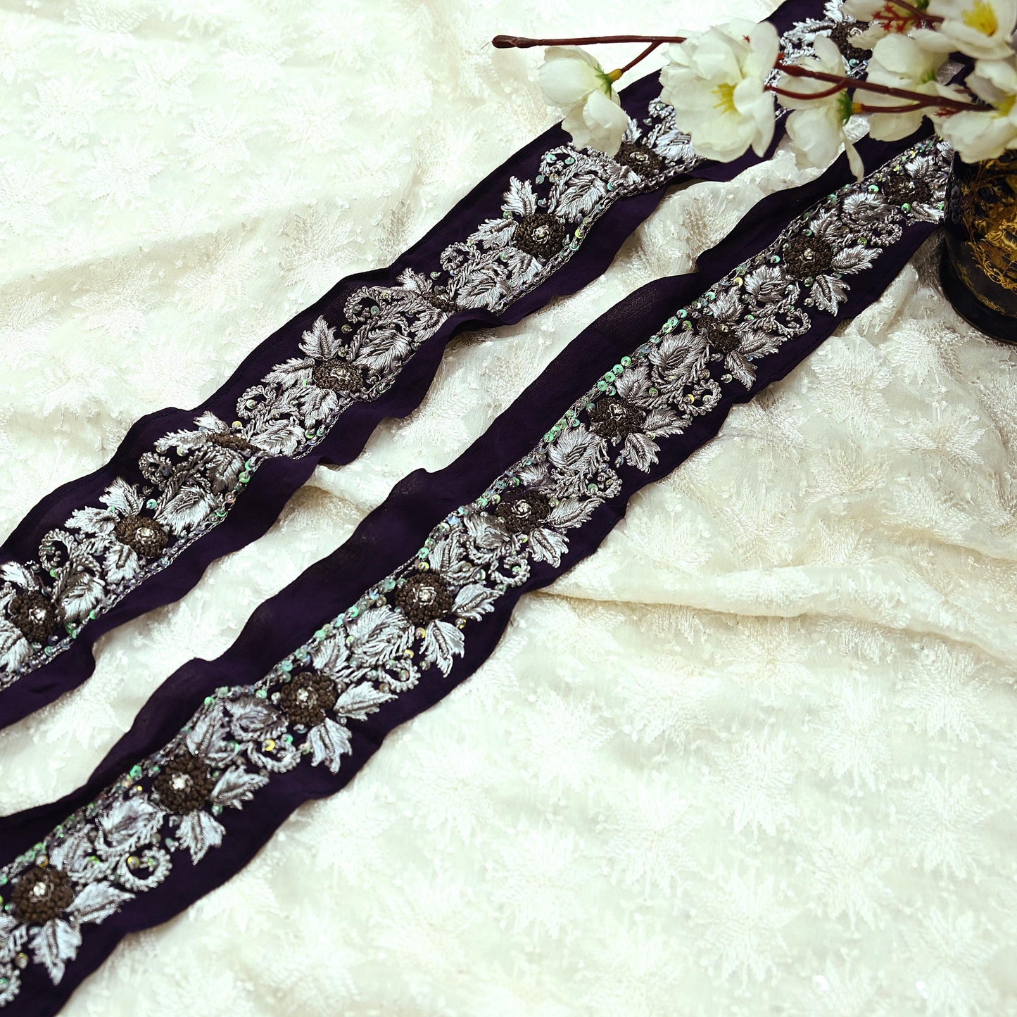 Indian Vintage Purple Sari Border Hand Embroidered 1ydCraft Trim Lace Sewing Sari Ribbon Pure Crepe silk  Zardozi/Dabka Zari