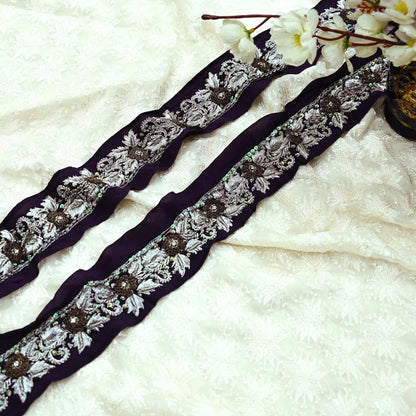 Indian Vintage Purple Sari Border Hand Embroidered 1ydCraft Trim Lace Sewing Sari Ribbon Pure Crepe silk  Zardozi/Dabka Zari