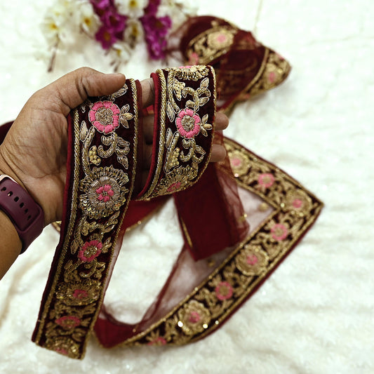 Indian Vintage Maroon Sari Border Hand Embroidered Craft Trim Lace Sewing Sari Ribbon Velvet 1yd Dress making Dress Designing Decor Dabka