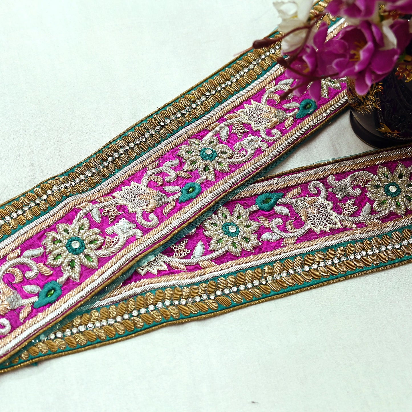 Indian Vintage Magenta Sari Border Hand Embroidered 1yd Craft Trim Lace Sewing Net/Mess Ribbon Recycled Sari Border Zardozi/ Dabka Zari