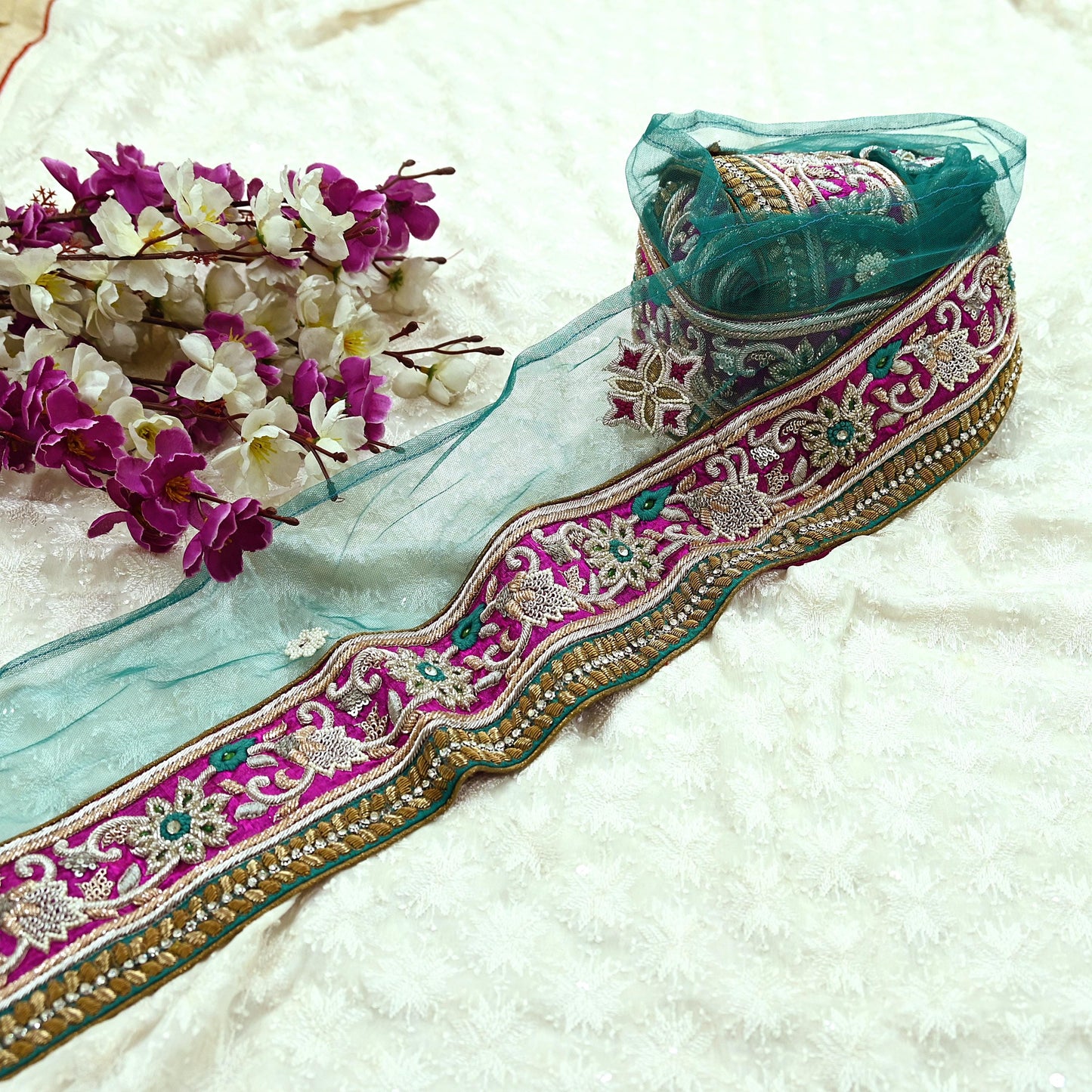 Indian Vintage Magenta Sari Border Hand Embroidered 1yd Craft Trim Lace Sewing Net/Mess Ribbon Recycled Sari Border Zardozi/ Dabka Zari