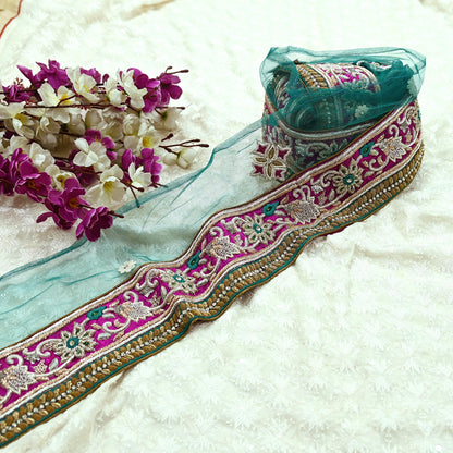 Indian Vintage Magenta Sari Border Hand Embroidered 1yd Craft Trim Lace Sewing Net/Mess Ribbon Recycled Sari Border Zardozi/ Dabka Zari