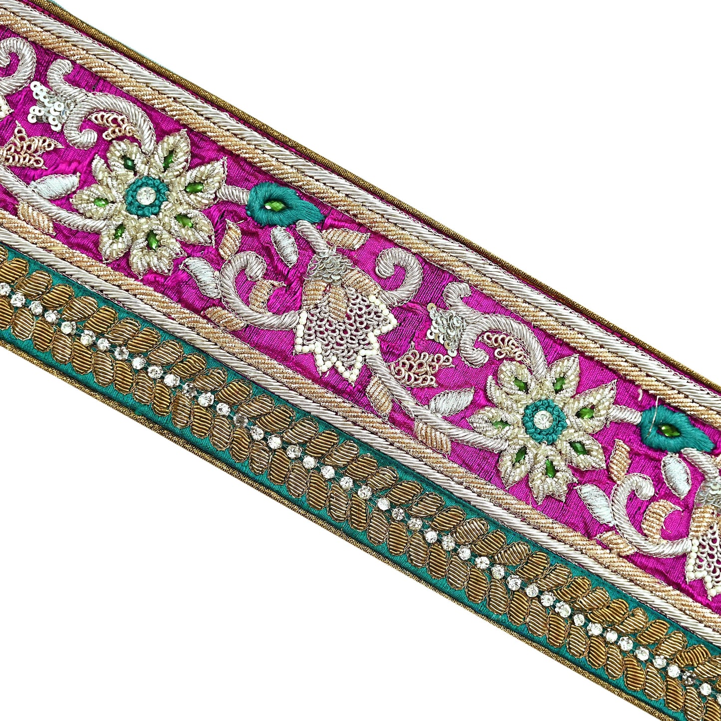 Indian Vintage Magenta Sari Border Hand Embroidered 1yd Craft Trim Lace Sewing Net/Mess Ribbon Recycled Sari Border Zardozi/ Dabka Zari