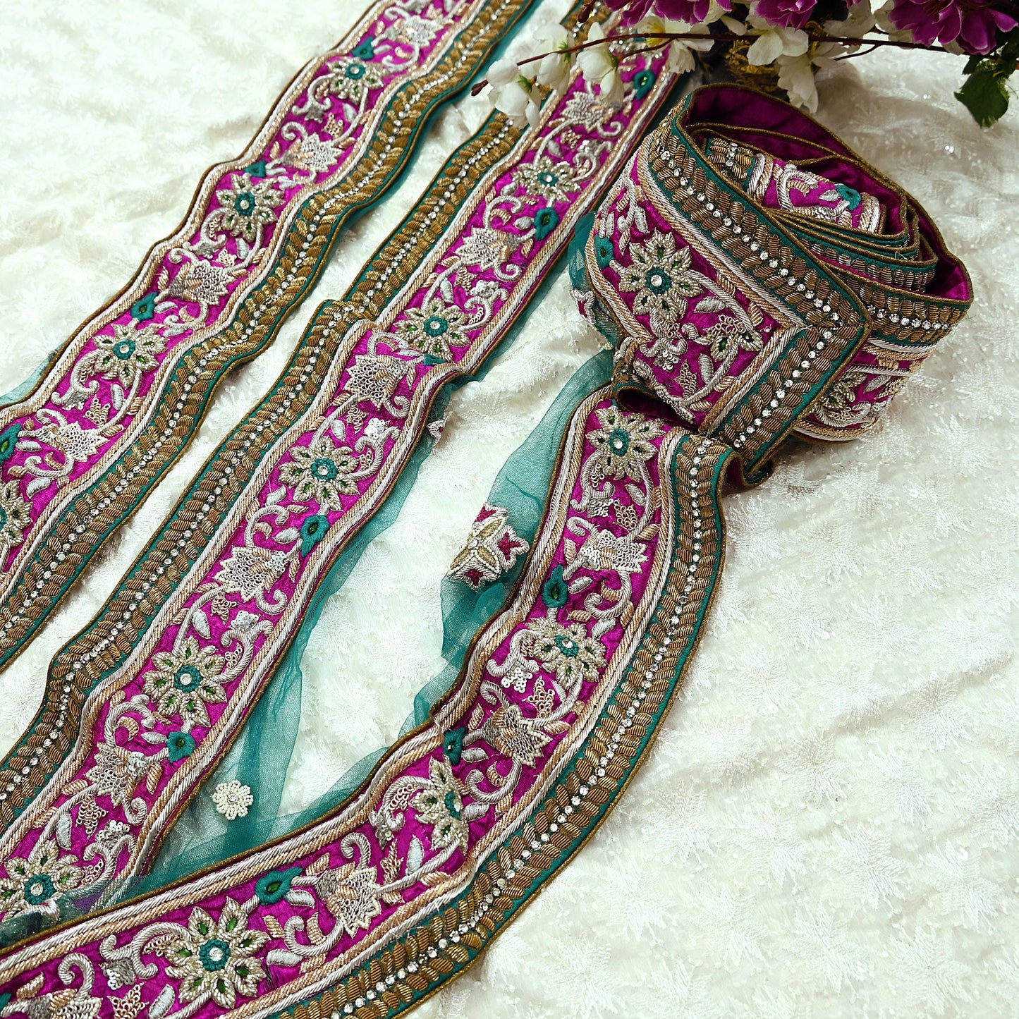 Indian Vintage Magenta Sari Border Hand Embroidered 1yd Craft Trim Lace Sewing Net/Mess Ribbon Recycled Sari Border Zardozi/ Dabka Zari