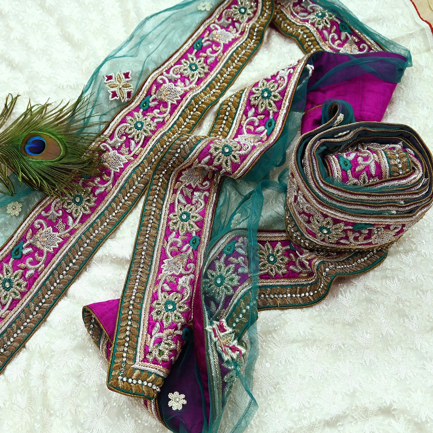 Indian Vintage Magenta Sari Border Hand Embroidered 1yd Craft Trim Lace Sewing Net/Mess Ribbon Recycled Sari Border Zardozi/ Dabka Zari