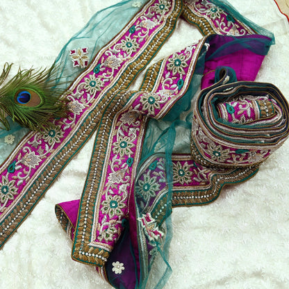 Indian Vintage Magenta Sari Border Hand Embroidered 1yd Craft Trim Lace Sewing Net/Mess Ribbon Recycled Sari Border Zardozi/ Dabka Zari